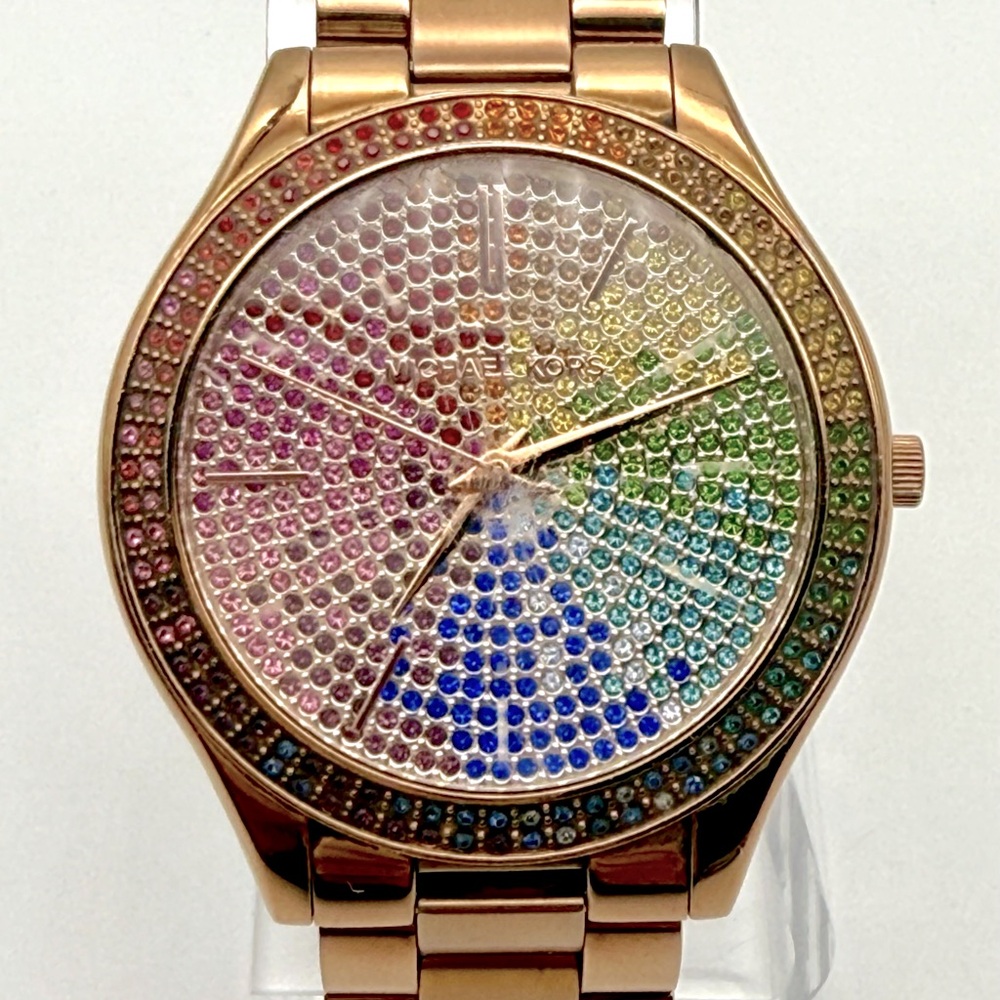 Rainbow Pave Michael Kors, 43mm size case, 5.5in size wrist bracelet